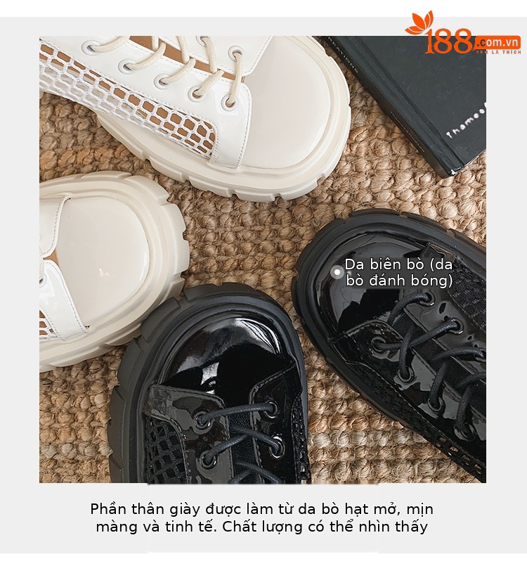 Boot lưới hở mũi nữ đế dày da thật dây thắt Martin 2025 — Màu đen, Màu trắng chi tiết 10