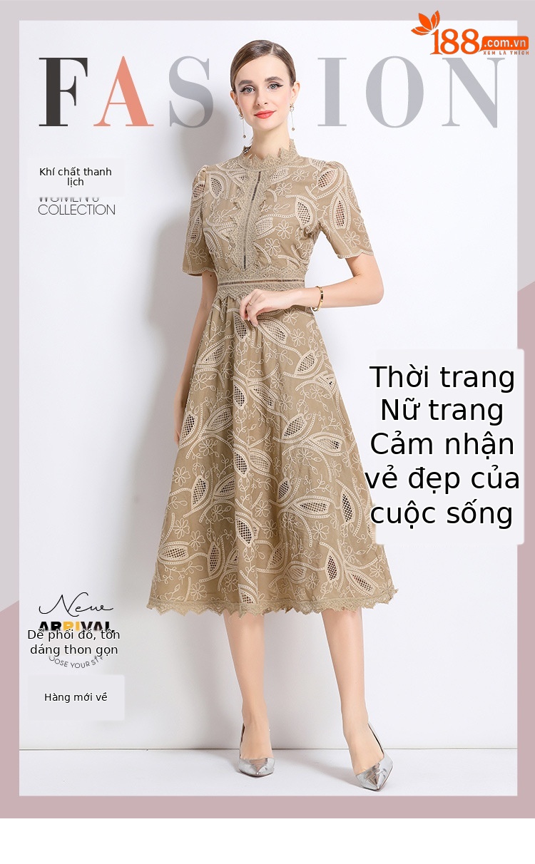 Váy maxi thêu ren cổ điển Pháp tay ngắn eo thắt, dáng ôm tôn dáng mùa hè 2025 — bầu trời xanh, màu xanh nhạt, đen, màu hoa cà chi tiết 1