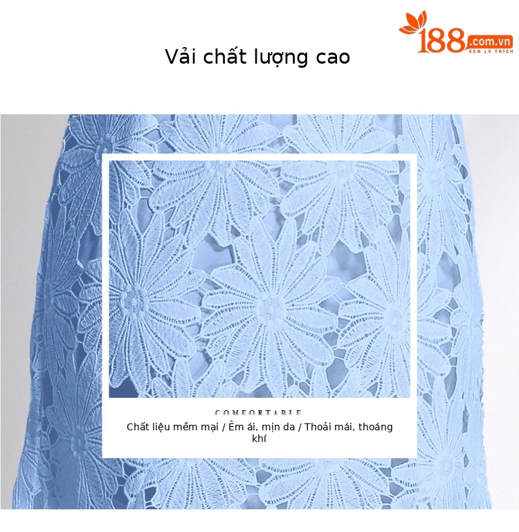 Váy liền cổ tròn ren hòa tan nước cao cấp, dáng ôm đuôi cá, chít eo thon gọn — Màu xanh lam, Màu hồng, Màu trắng, Màu vàng chi tiết 5