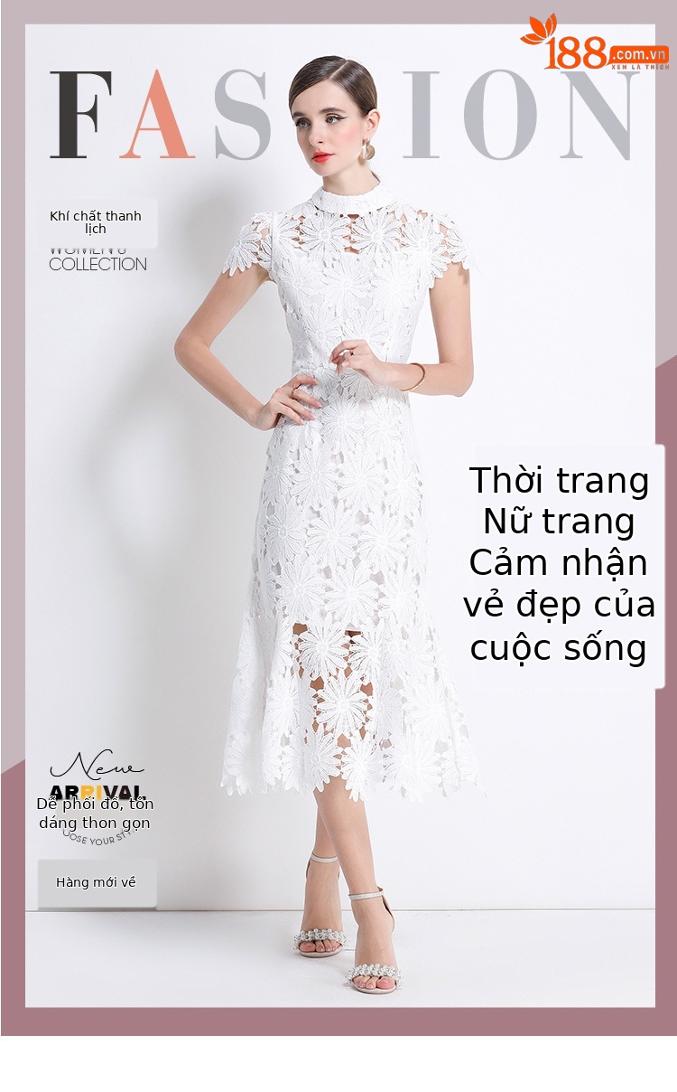 Váy liền cổ tròn ren hòa tan nước cao cấp, dáng ôm đuôi cá, chít eo thon gọn — Màu xanh lam, Màu hồng, Màu trắng, Màu vàng chi tiết 1