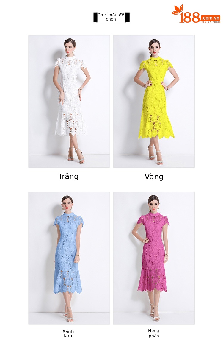Váy liền cổ tròn ren hòa tan nước cao cấp, dáng ôm đuôi cá, chít eo thon gọn — Màu xanh lam, Màu hồng, Màu trắng, Màu vàng chi tiết 11