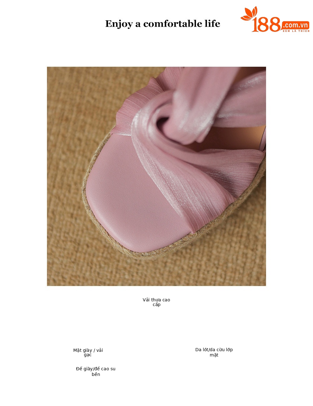 Dép sandal nữ quai chéo đế xuồng dệt rơm, hở mũi lưới, đế dày tăng chiều cao — Màu hồng, Màu trắng be, Màu xám chi tiết 2