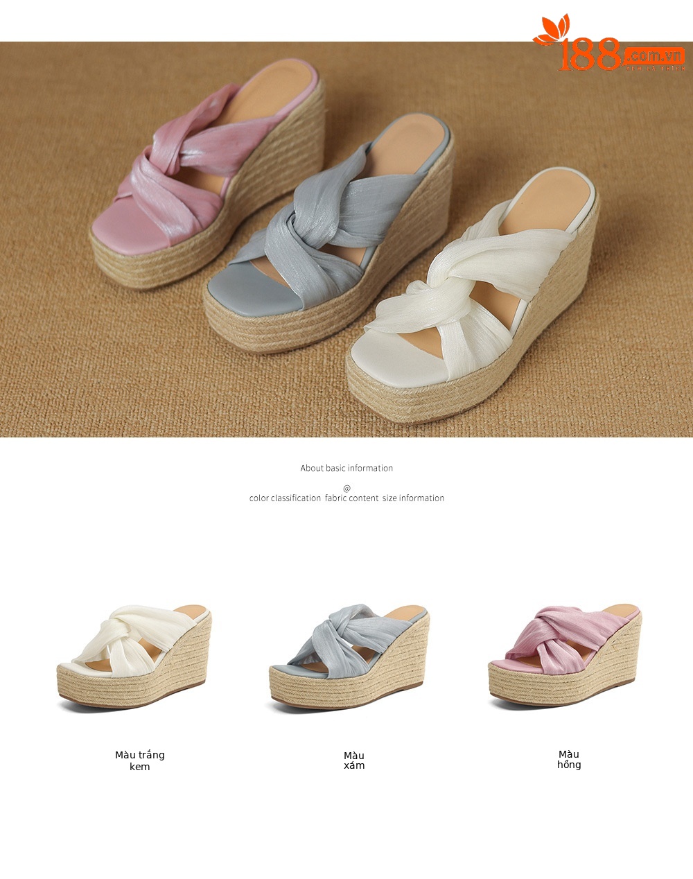 Dép sandal nữ quai chéo đế xuồng dệt rơm, hở mũi lưới, đế dày tăng chiều cao — Màu hồng, Màu trắng be, Màu xám chi tiết 4