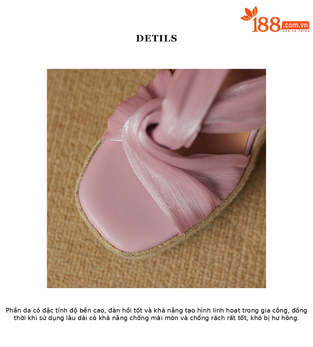 Dép sandal nữ quai chéo đế xuồng dệt rơm, hở mũi lưới, đế dày tăng chiều cao — Màu hồng, Màu trắng be, Màu xám chi tiết 18