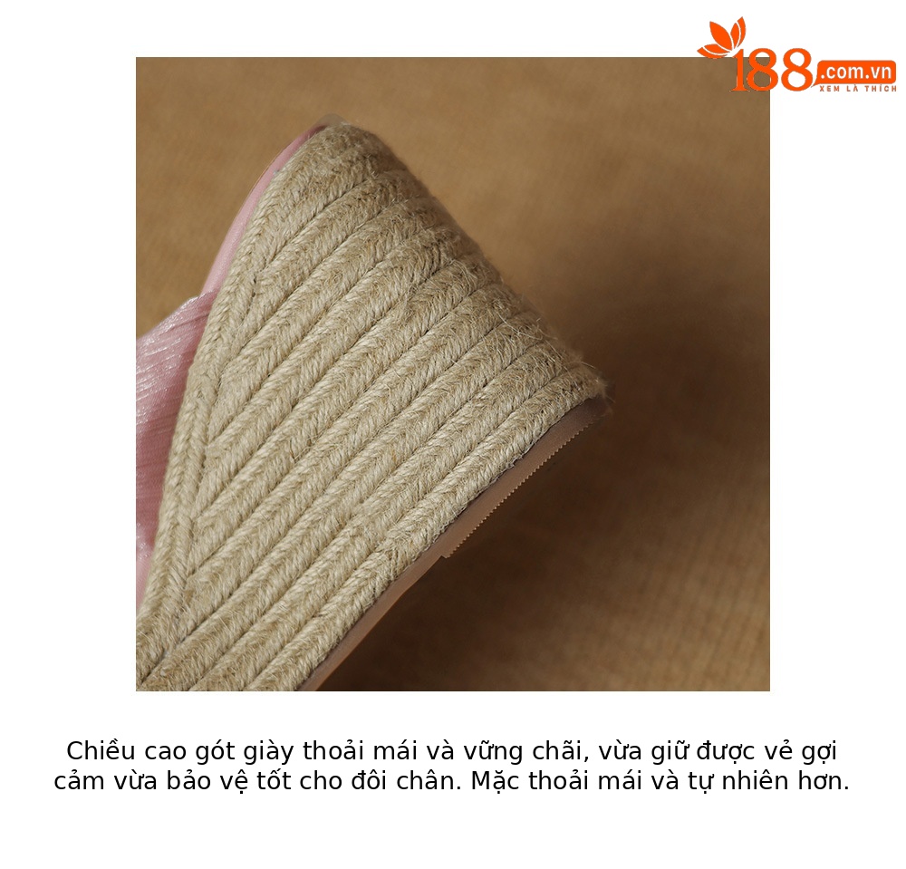 Dép sandal nữ quai chéo đế xuồng dệt rơm, hở mũi lưới, đế dày tăng chiều cao — Màu hồng, Màu trắng be, Màu xám chi tiết 20