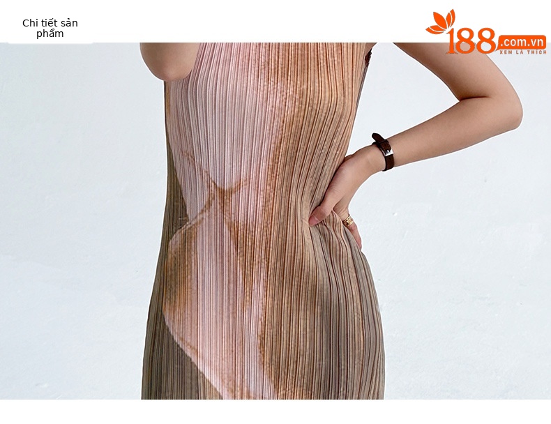 Đầm maxi nữ in hoa cổ tròn không tay ôm sát — Màu nâu đỏ chi tiết 3