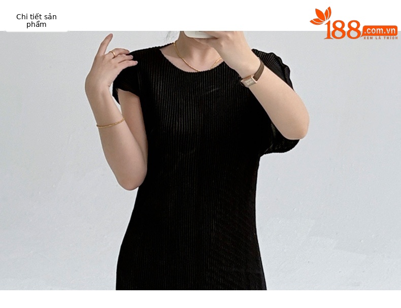 Váy dài bất quy tắc xếp ly tôn dáng thiết kế thanh lịch xuân hè — Màu đen chi tiết 3