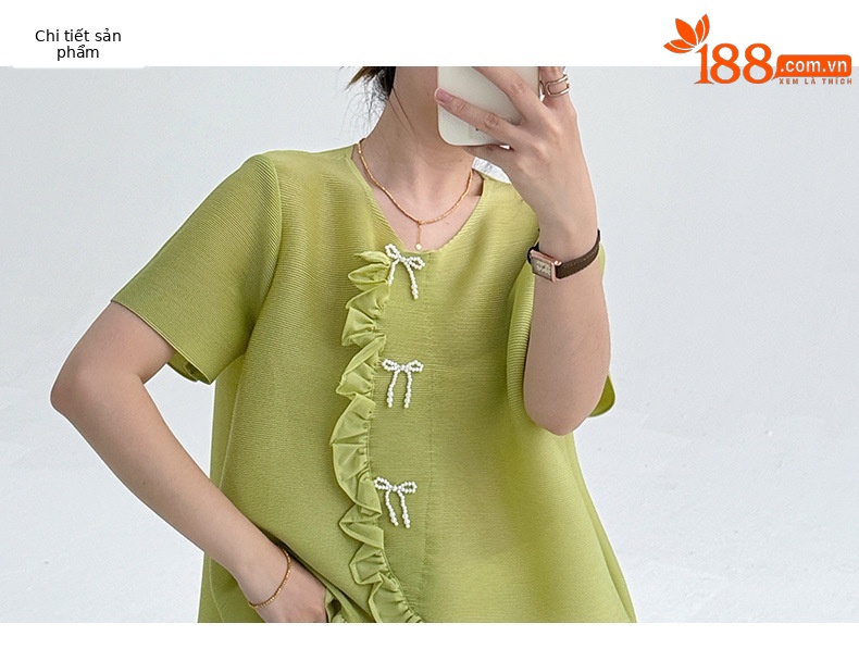 Áo thun nữ cổ tròn dáng rộng tay ngắn ren xếp ly bất đối xứng — đen chi tiết 3