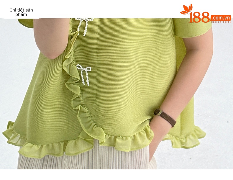Áo thun nữ cổ tròn dáng rộng tay ngắn ren xếp ly bất đối xứng — đen chi tiết 4