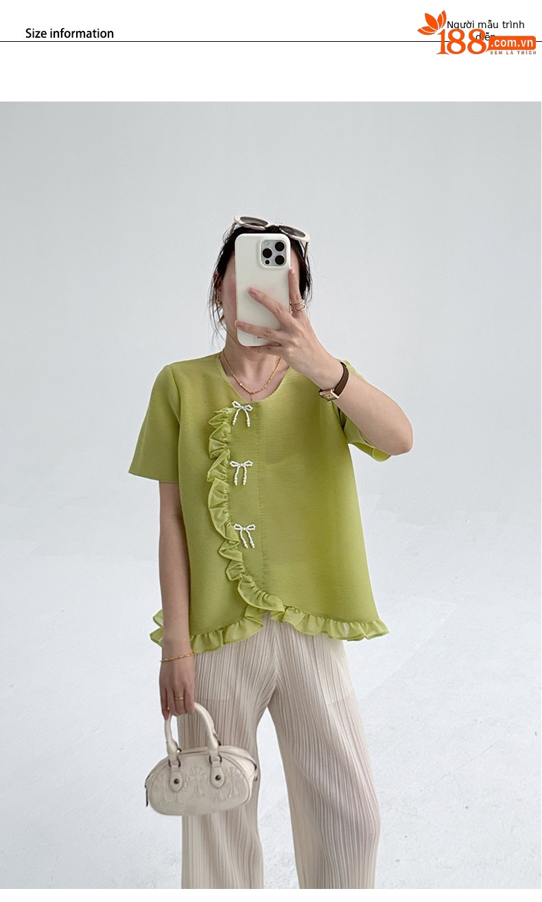 Áo thun nữ cổ tròn dáng rộng tay ngắn ren xếp ly bất đối xứng — đen chi tiết 5