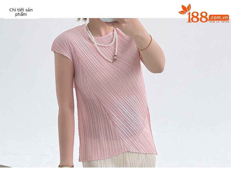 Áo thun nữ tay ngắn cổ tròn vạt xéo xếp ly bất đối xứng — đen chi tiết 4