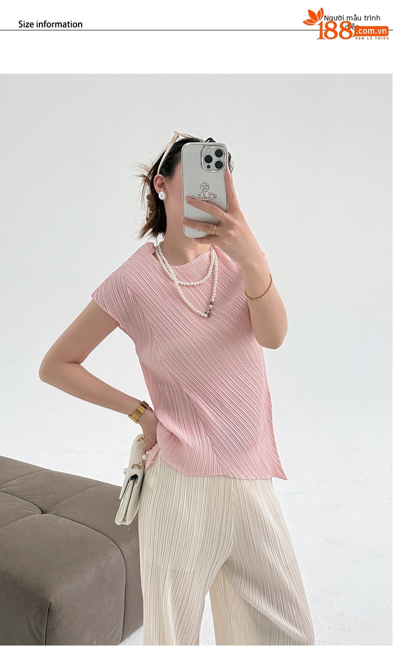 Áo thun nữ tay ngắn cổ tròn vạt xéo xếp ly bất đối xứng — đen chi tiết 5