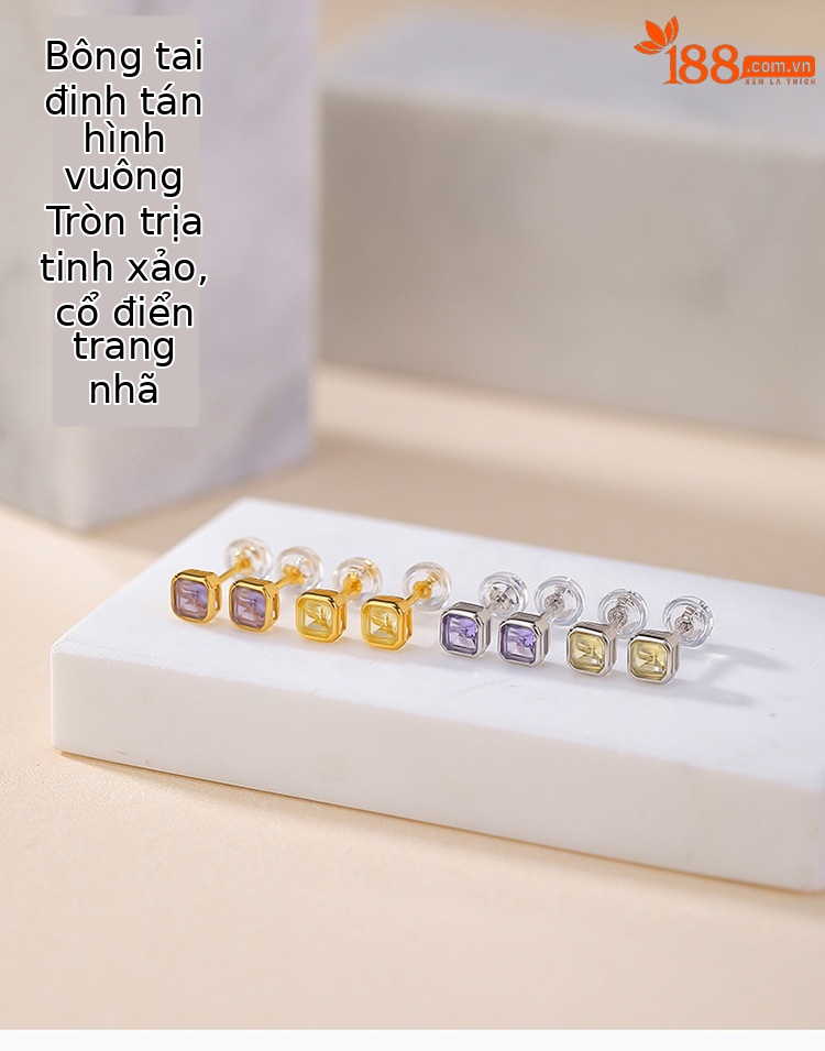 Bông tai bạc S925 mạ vàng đính đá thạch anh tím mặt cắt vuông — Kiểu citrine màu vàng chi tiết 1