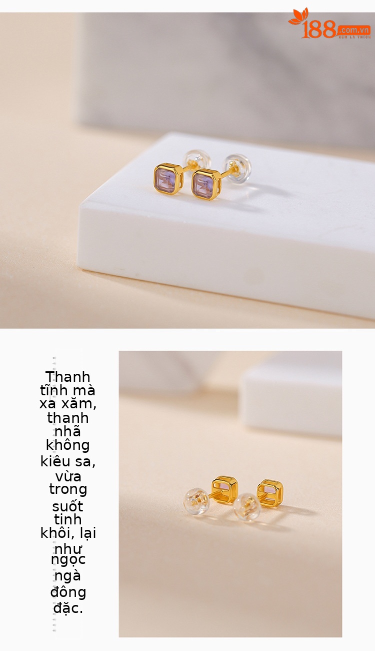 Bông tai bạc S925 mạ vàng đính đá thạch anh tím mặt cắt vuông — Kiểu citrine màu vàng chi tiết 3