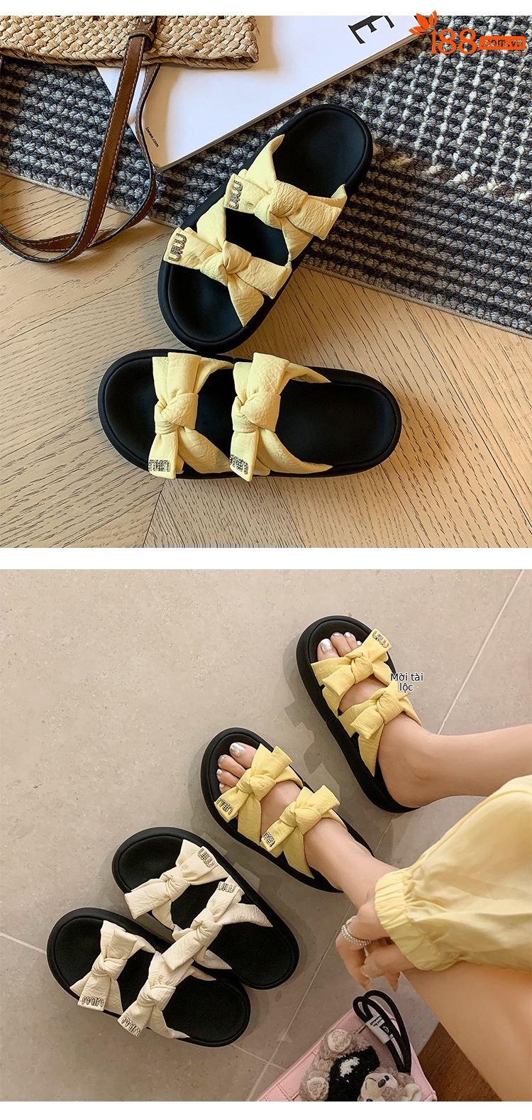 Dép sandal nữ quai chữ V đế dày nơ bướm phong cách bánh mì mềm mại — Màu trắng be, Màu vàng chi tiết 9