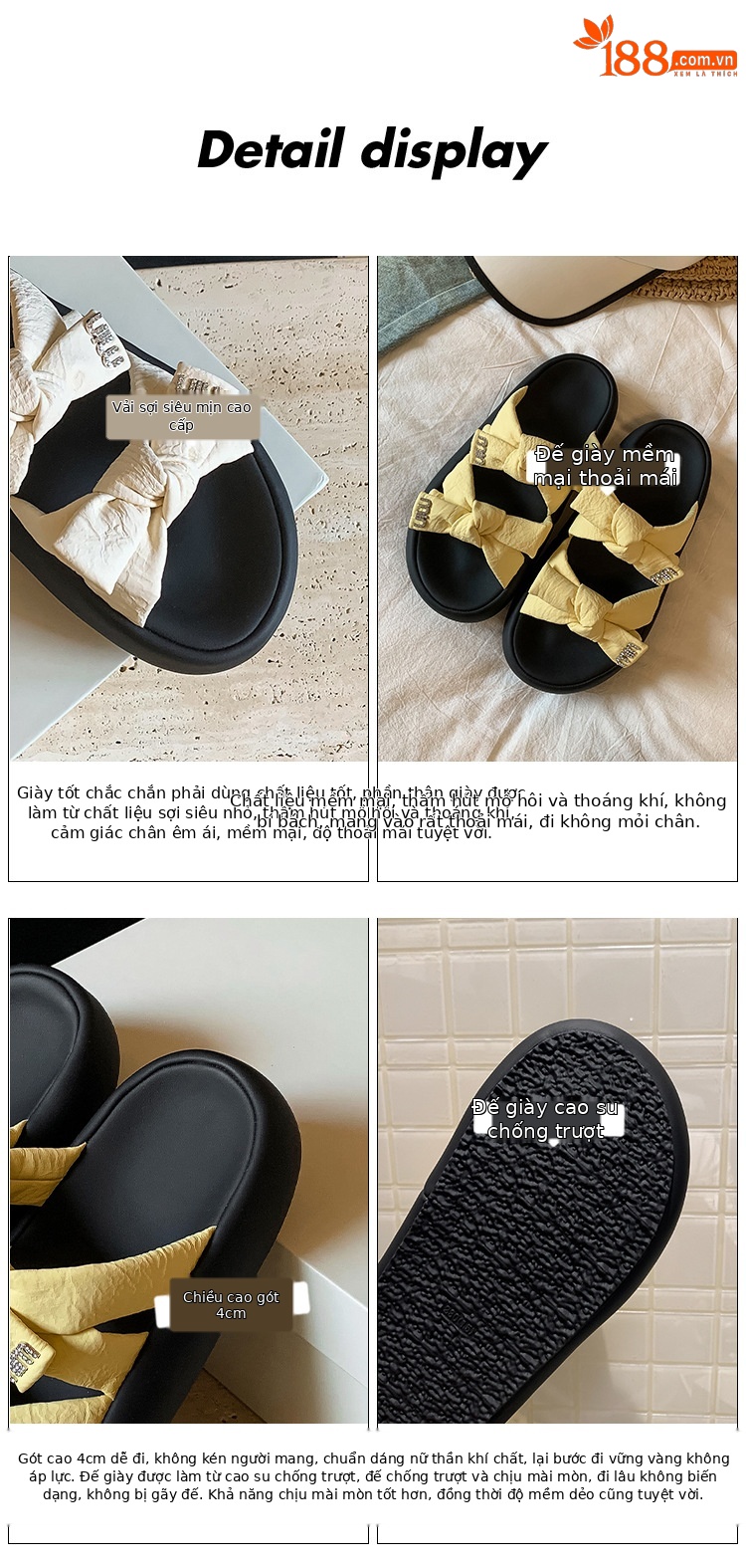 Dép sandal nữ quai chữ V đế dày nơ bướm phong cách bánh mì mềm mại — Màu trắng be, Màu vàng chi tiết 1