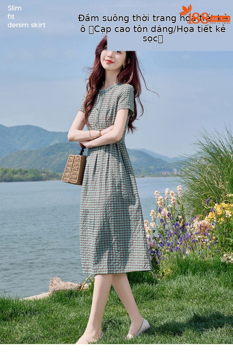 Đầm sơ mi kẻ caro cotton retro eo buộc dây dài trung bình — Màu sắc hình ảnh chi tiết 1