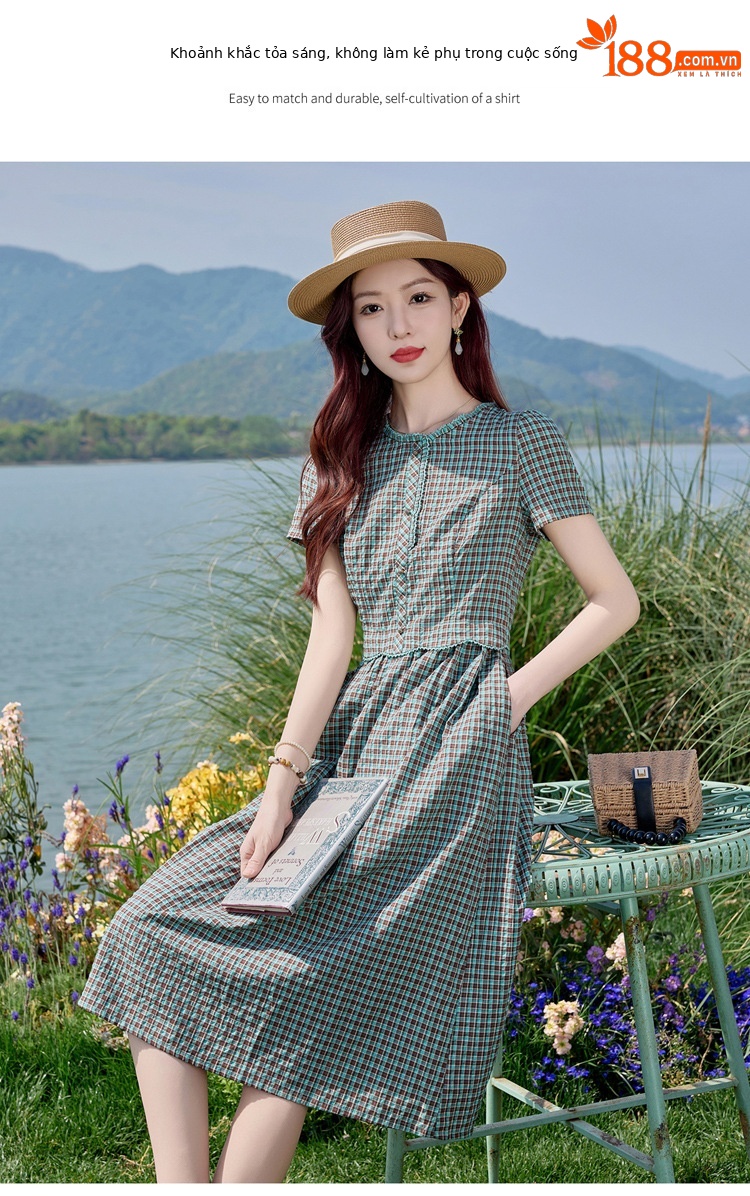 Đầm sơ mi kẻ caro cotton retro eo buộc dây dài trung bình — Màu sắc hình ảnh chi tiết 6
