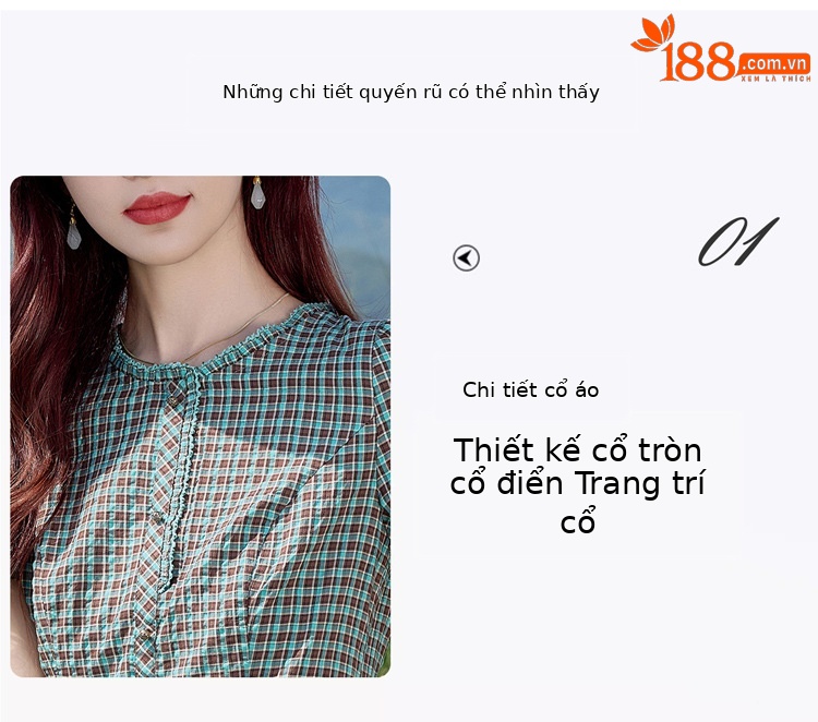 Đầm sơ mi kẻ caro cotton retro eo buộc dây dài trung bình — Màu sắc hình ảnh chi tiết 7