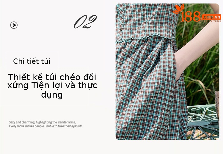 Đầm sơ mi kẻ caro cotton retro eo buộc dây dài trung bình — Màu sắc hình ảnh chi tiết 8