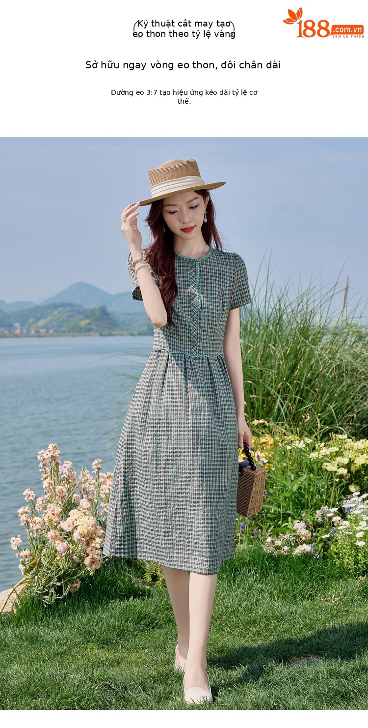 Đầm sơ mi kẻ caro cotton retro eo buộc dây dài trung bình — Màu sắc hình ảnh chi tiết 12