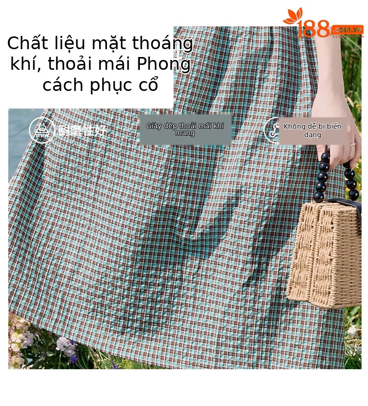 Đầm sơ mi kẻ caro cotton retro eo buộc dây dài trung bình — Màu sắc hình ảnh chi tiết 13