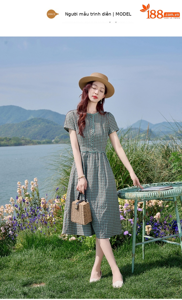 Đầm sơ mi kẻ caro cotton retro eo buộc dây dài trung bình — Màu sắc hình ảnh chi tiết 15