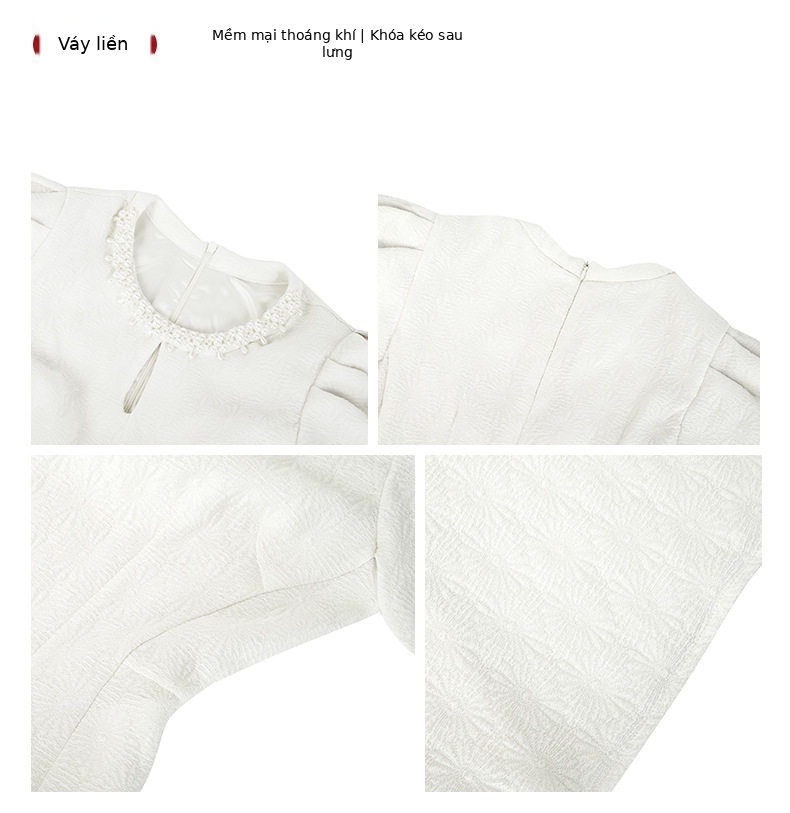Đầm maxi nữ cổ tròn tay ngắn eo cao chân váy xòe rộng — [Trắng kem] chi tiết 3