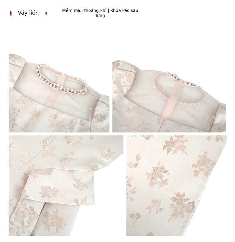 Đầm maxi nữ oversize tay ngắn cổ tròn họa tiết hoa nhí phong cách Pháp — [Màu hồng đào] chi tiết 3