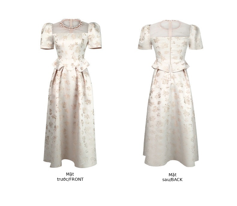 Đầm maxi nữ oversize tay ngắn cổ tròn họa tiết hoa nhí phong cách Pháp — [Màu hồng đào] chi tiết 4