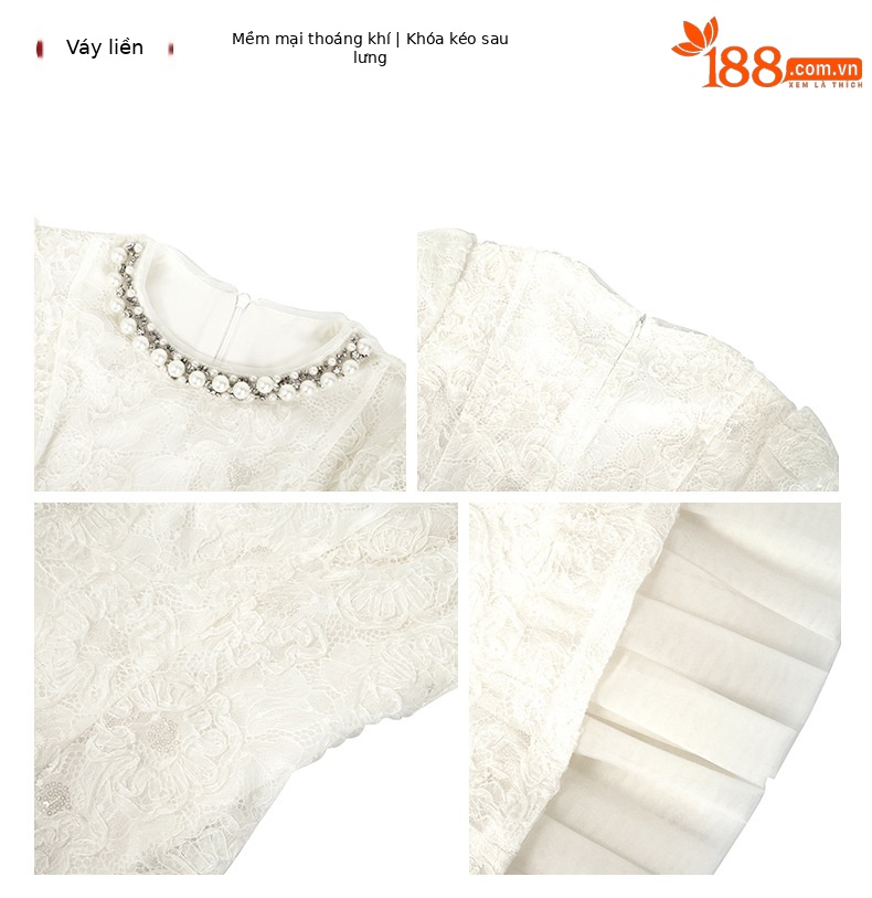 Váy ren sequin xếp nếp cổ tròn phong cách Pháp — Màu trắng be chi tiết 2
