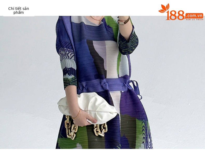Đầm suông nữ cổ tròn in họa tiết mùa hè, dáng rộng thon eo, dài trung bình — màu xanh nhạt chi tiết 3