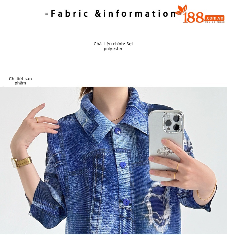 Váy liền thân denim in họa tiết, dáng suông cổ trụ, dài trung bình — Màu xanh lam chi tiết 2