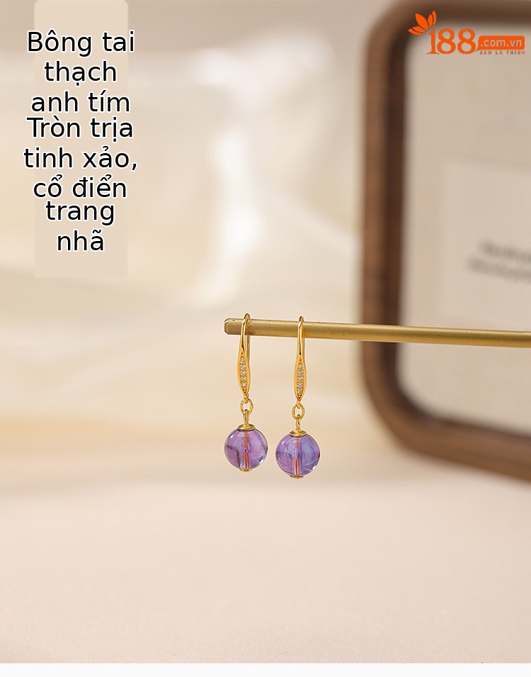 Bông tai bạc S925 mạ vàng đính pha lê tự nhiên hạt tròn khảm hình học — Kiểu màu bạc chi tiết 1
