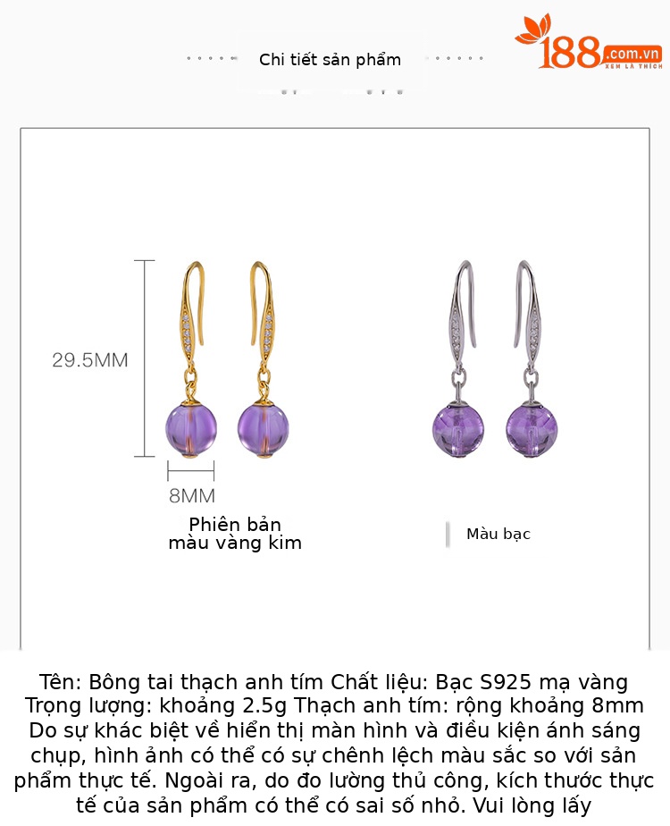 Bông tai bạc S925 mạ vàng đính pha lê tự nhiên hạt tròn khảm hình học — Kiểu màu bạc chi tiết 2