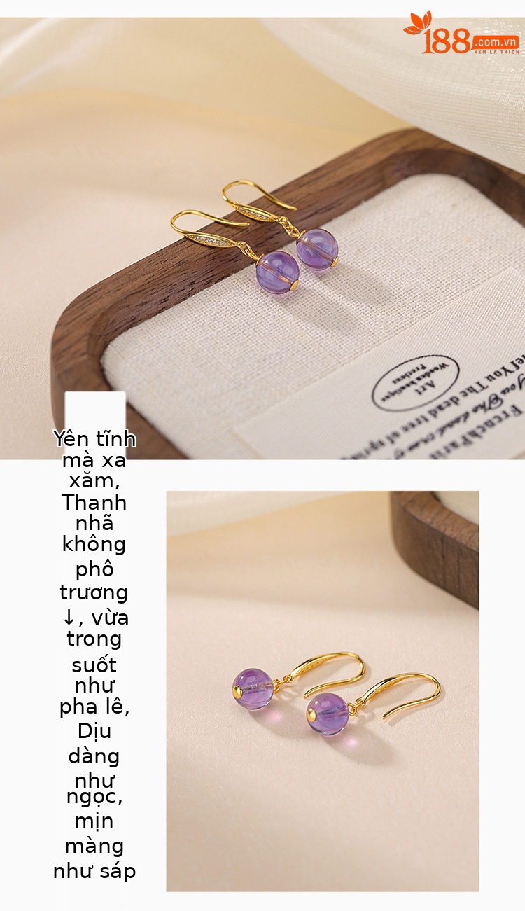 Bông tai bạc S925 mạ vàng đính pha lê tự nhiên hạt tròn khảm hình học — Kiểu màu bạc chi tiết 3