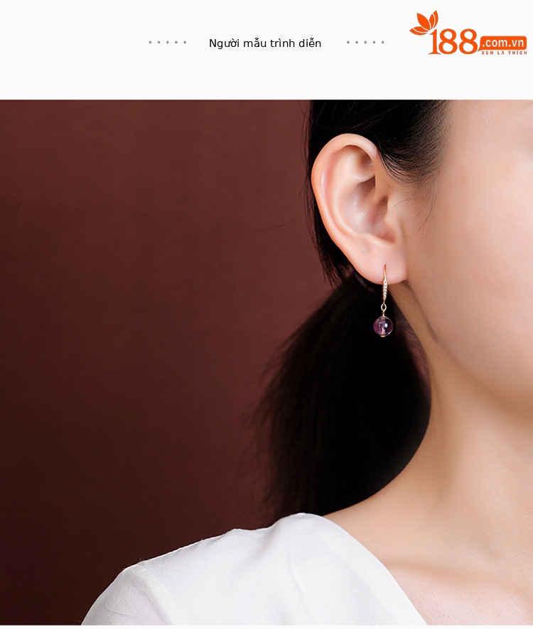 Bông tai bạc S925 mạ vàng đính pha lê tự nhiên hạt tròn khảm hình học — Kiểu màu bạc chi tiết 5