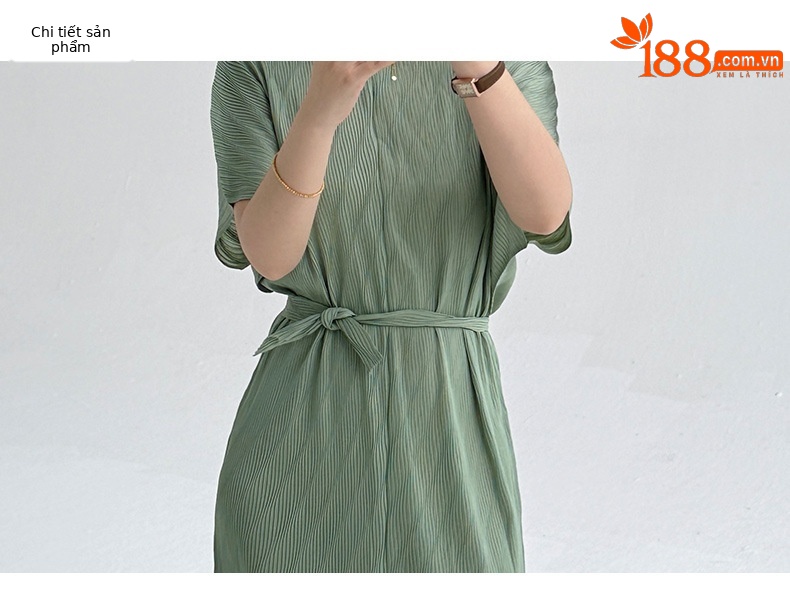 Váy liền thắt eo họa tiết xếp ly cổ tròn thanh lịch — Màu đen chi tiết 3