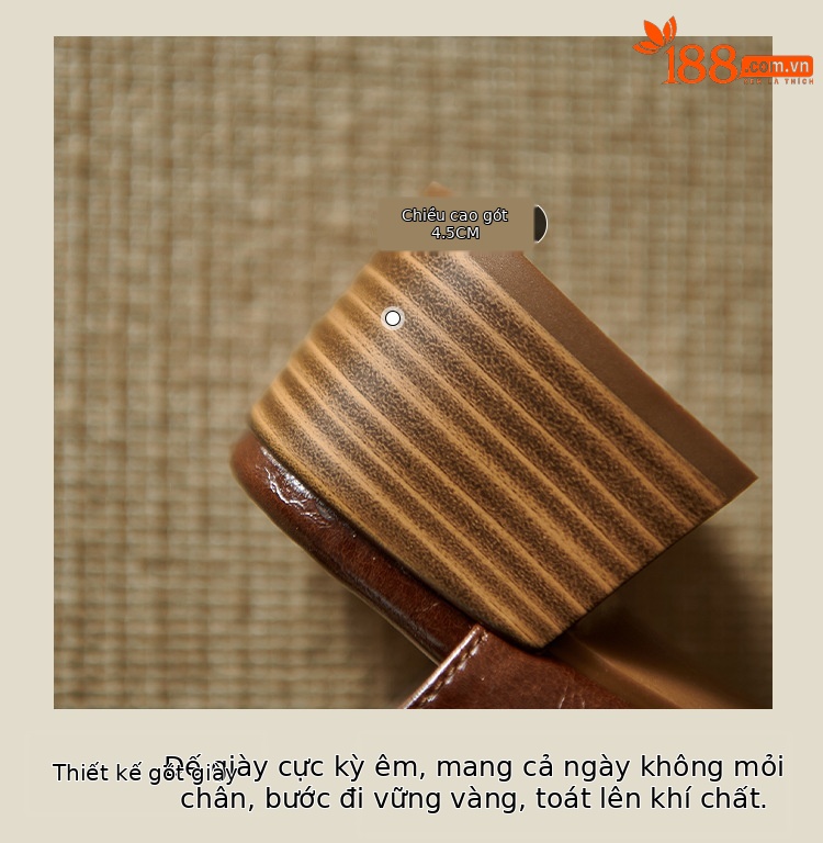 Sandal nữ cao cổ mũi vuông da thật khóa thắt lưng gót thô 9 cm — Màu nâu, Màu đen chi tiết 5