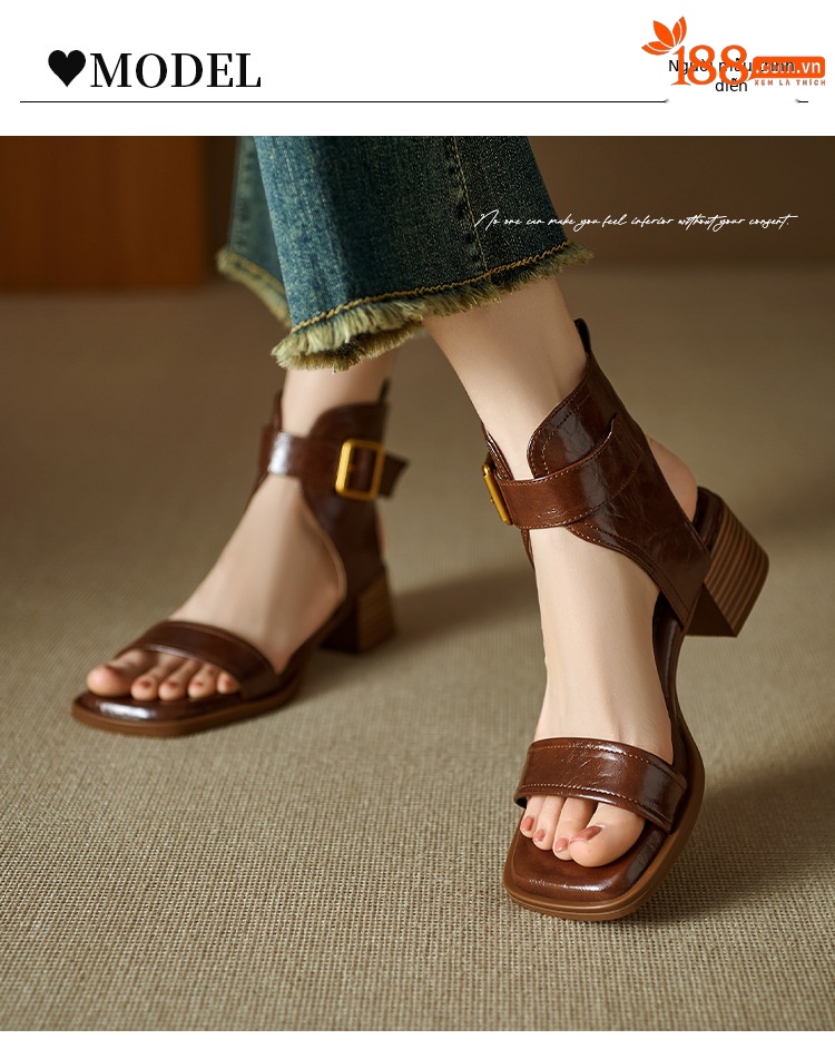 Sandal nữ cao cổ mũi vuông da thật khóa thắt lưng gót thô 9 cm — Màu nâu, Màu đen chi tiết 8