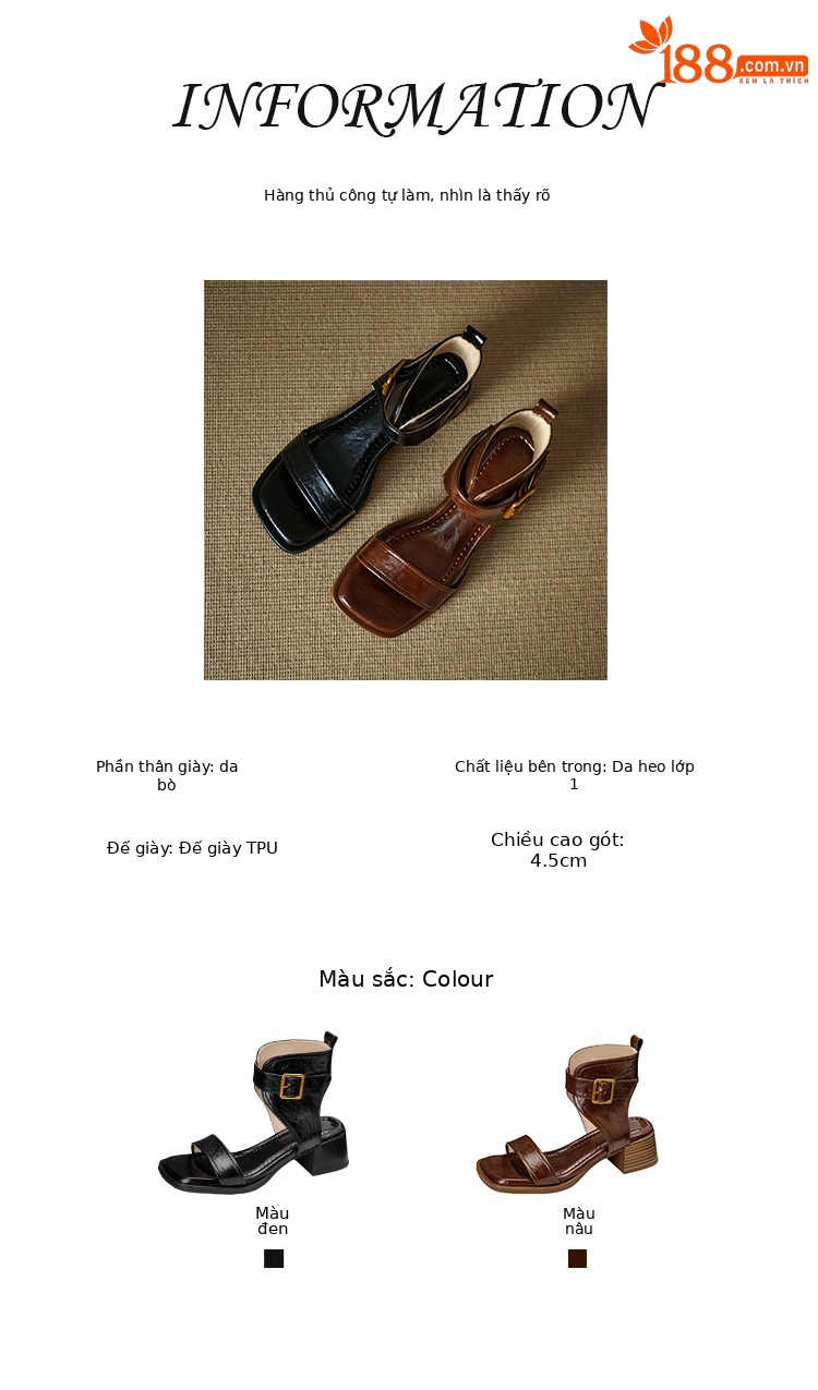 Sandal nữ cao cổ mũi vuông da thật khóa thắt lưng gót thô 9 cm — Màu nâu, Màu đen chi tiết 2