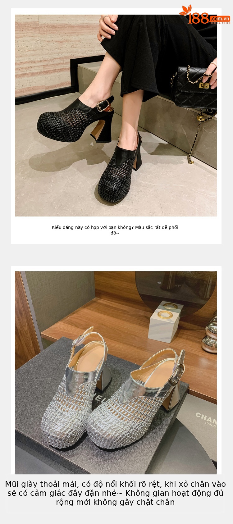 Sandal cao gót nữ đế xuồng platform dệt kim vàng, gót 10 cm, phong cách La Mã — Màu đen, Màu vàng, Màu bạc chi tiết 5