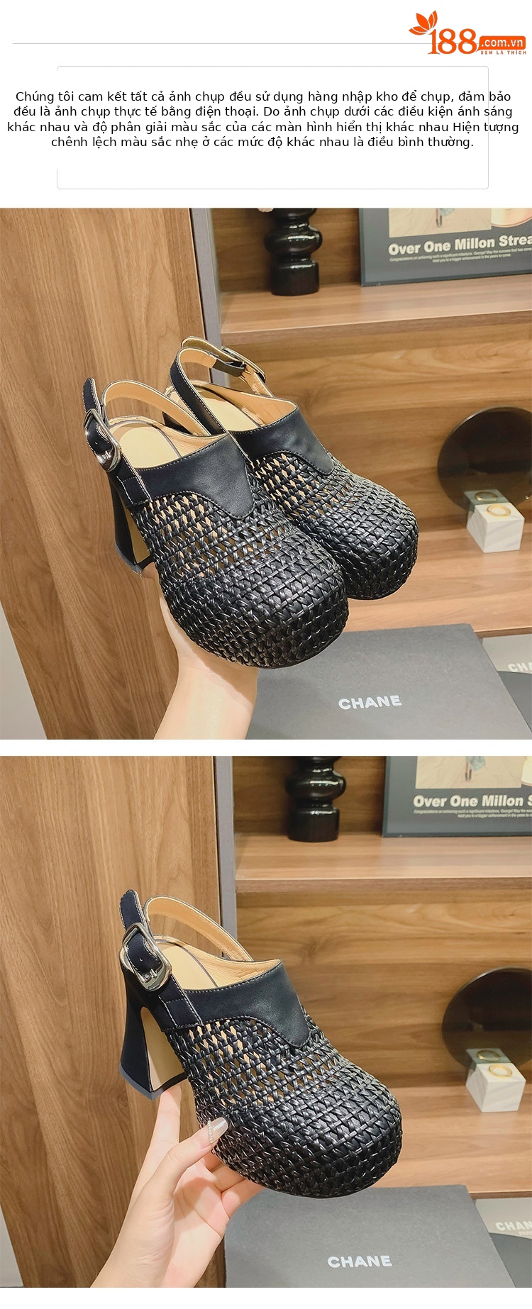 Sandal cao gót nữ đế xuồng platform dệt kim vàng, gót 10 cm, phong cách La Mã — Màu đen, Màu vàng, Màu bạc chi tiết 7
