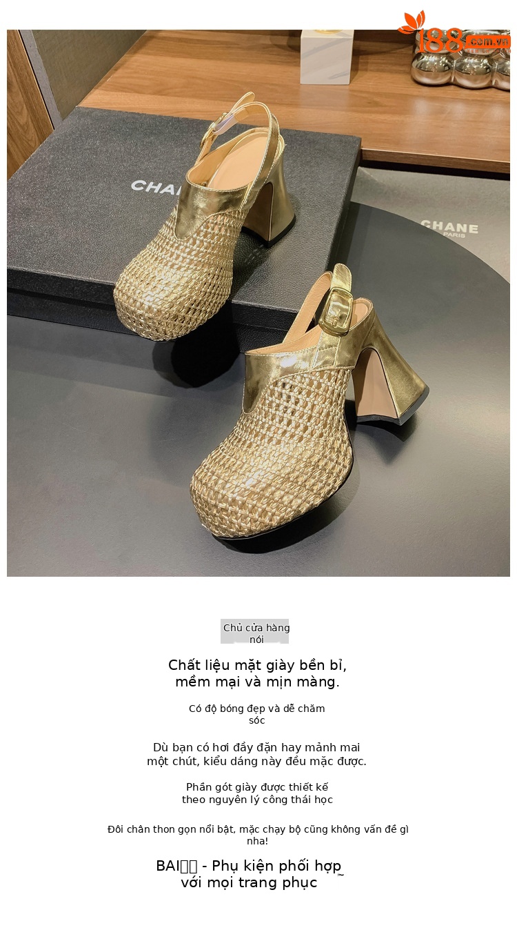 Sandal cao gót nữ đế xuồng platform dệt kim vàng, gót 10 cm, phong cách La Mã — Màu đen, Màu vàng, Màu bạc chi tiết 1