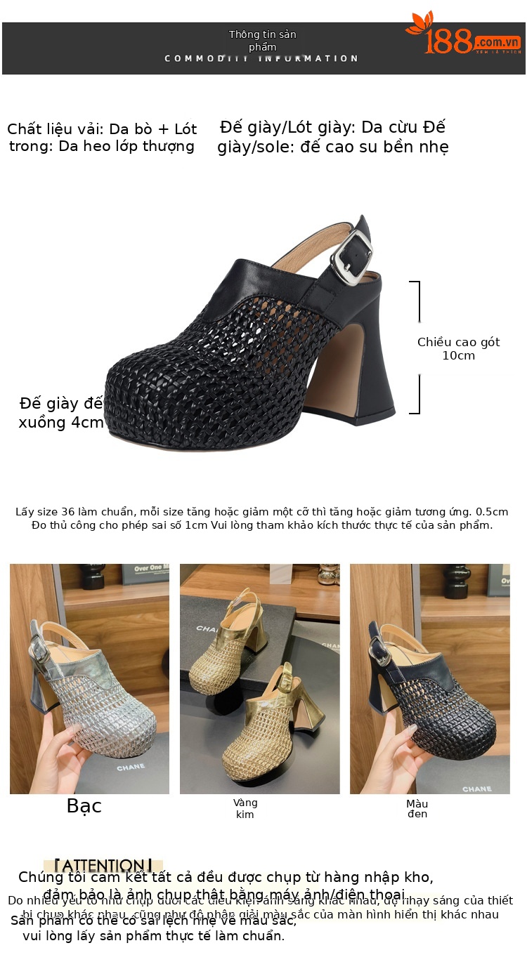 Sandal cao gót nữ đế xuồng platform dệt kim vàng, gót 10 cm, phong cách La Mã — Màu đen, Màu vàng, Màu bạc chi tiết 2