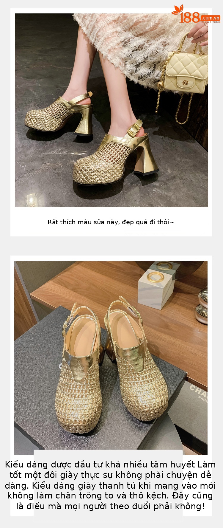 Sandal cao gót nữ đế xuồng platform dệt kim vàng, gót 10 cm, phong cách La Mã — Màu đen, Màu vàng, Màu bạc chi tiết 4