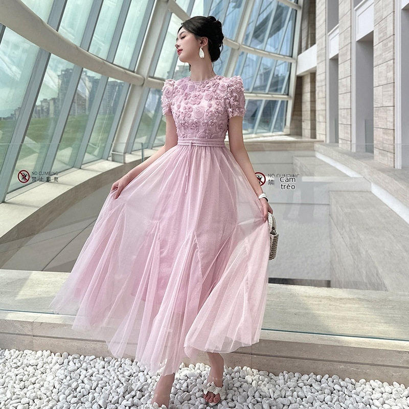 Đầm suông nữ tay ngắn cổ tròn chất liệu lưới voan phối ren nổi 3D — [Hồng], [Mơ]