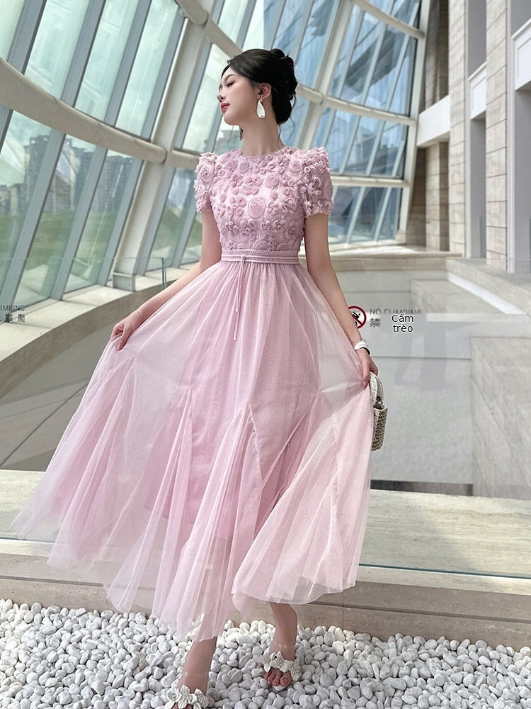 Đầm suông nữ tay ngắn cổ tròn chất liệu lưới voan phối ren nổi 3D — [Hồng], [Mơ]