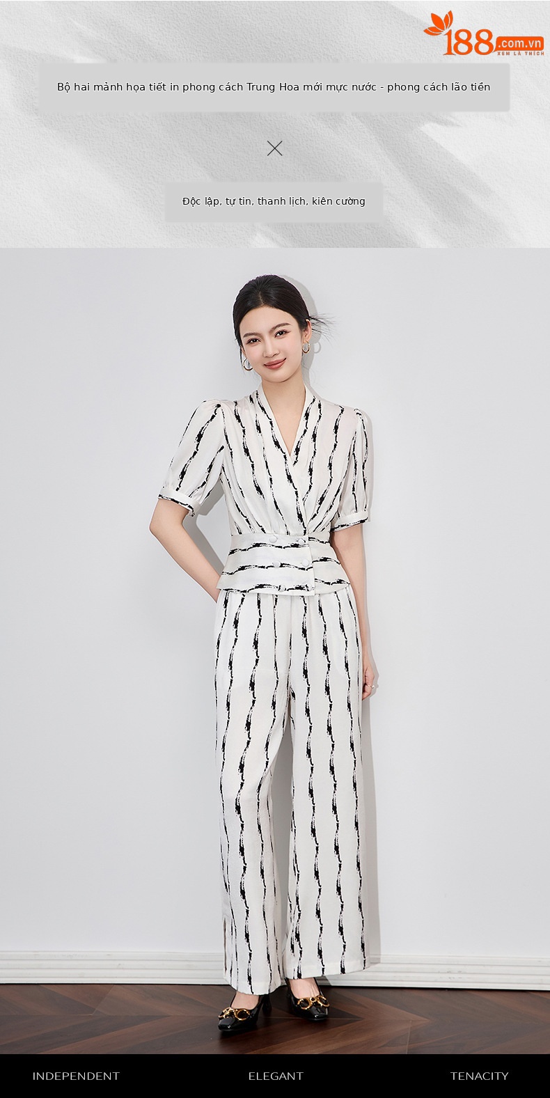 Bộ áo tay ngắn thắt eo in hoa + quần dài phong cách tiền cũ giản dị — Kẻ sọc đen trắng chi tiết 1