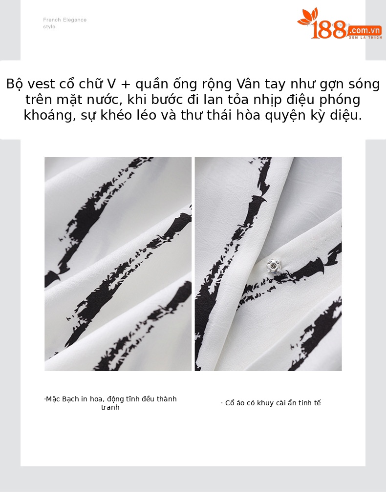 Bộ áo tay ngắn thắt eo in hoa + quần dài phong cách tiền cũ giản dị — Kẻ sọc đen trắng chi tiết 5